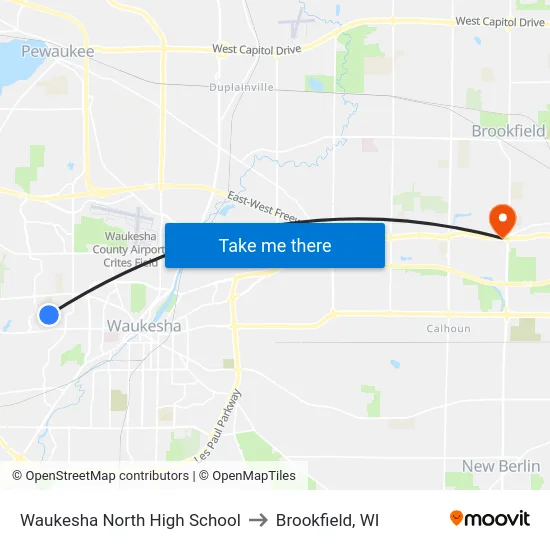Waukesha North High School to Brookfield, WI map