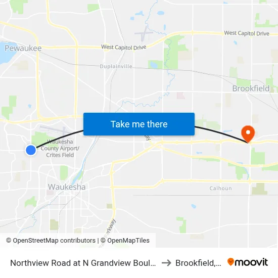 Northview Road at N Grandview Boulevard to Brookfield, WI map