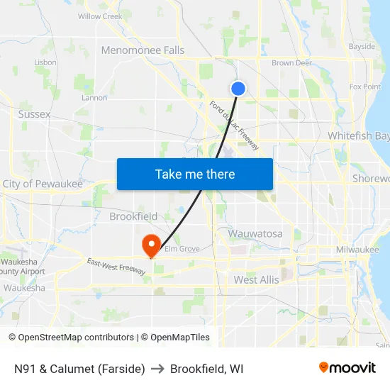 N91 & Calumet (Farside) to Brookfield, WI map