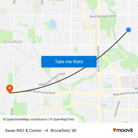 Swan-N92 & Center to Brookfield, WI map