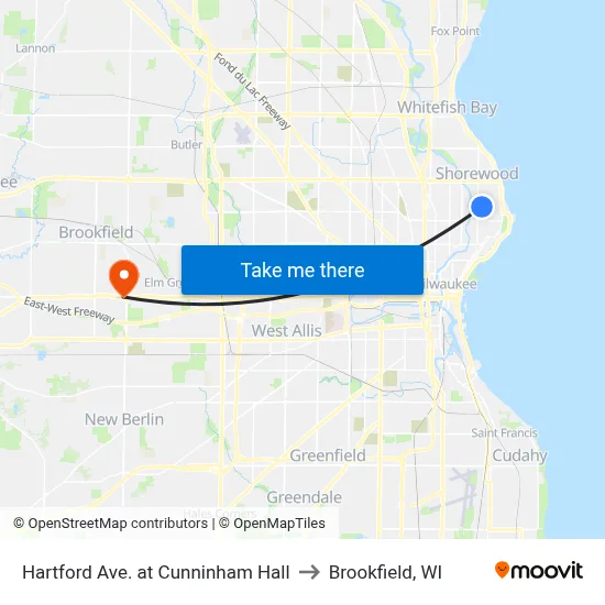 Hartford Ave. at Cunninham Hall to Brookfield, WI map