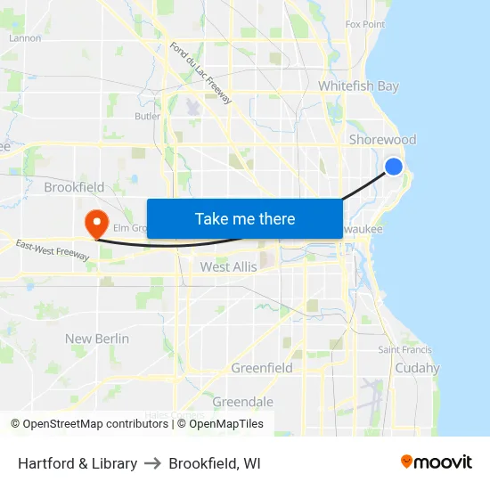 Hartford & Library to Brookfield, WI map