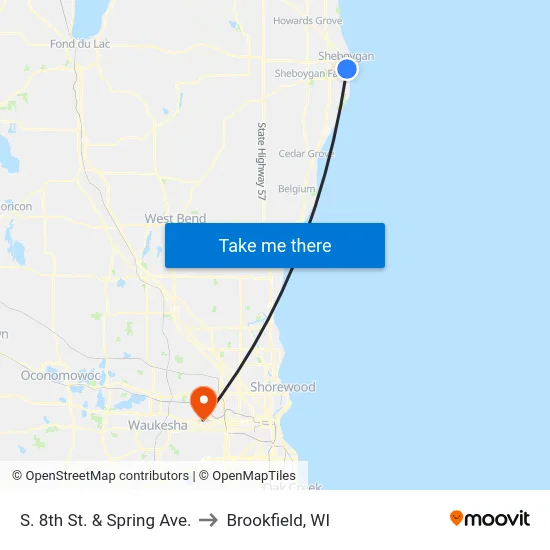 S. 8th St. & Spring Ave. to Brookfield, WI map