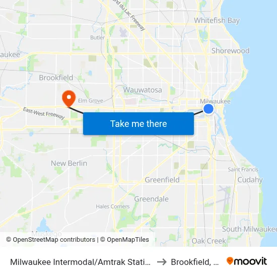 Milwaukee Intermodal/Amtrak Station to Brookfield, WI map