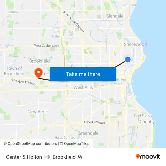 Center & Holton to Brookfield, WI map