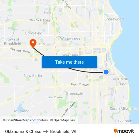 Oklahoma & Chase to Brookfield, WI map
