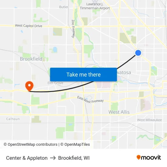 Center & Appleton to Brookfield, WI map