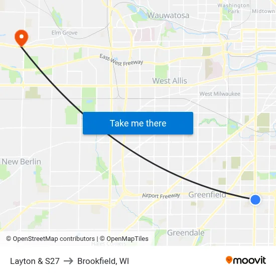 Layton & S27 to Brookfield, WI map