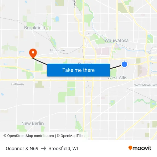 Oconnor & N69 to Brookfield, WI map