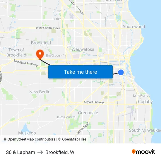 S6 & Lapham to Brookfield, WI map