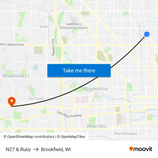 N27 & Ruby to Brookfield, WI map