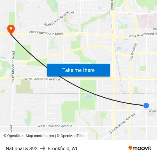 National & S92 to Brookfield, WI map