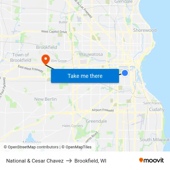 National & Cesar Chavez to Brookfield, WI map