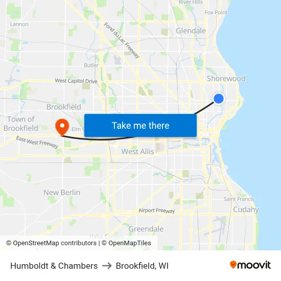 Humboldt & Chambers to Brookfield, WI map