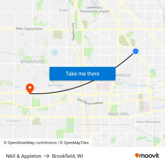 N60 & Appleton to Brookfield, WI map