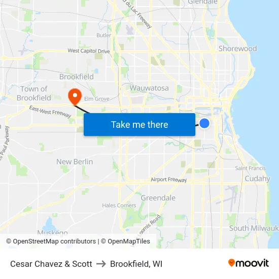 Cesar Chavez & Scott to Brookfield, WI map