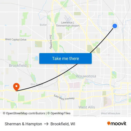 Sherman & Hampton to Brookfield, WI map