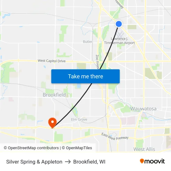 Silver Spring & Appleton to Brookfield, WI map