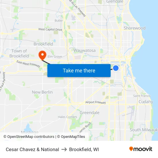 Cesar Chavez & National to Brookfield, WI map