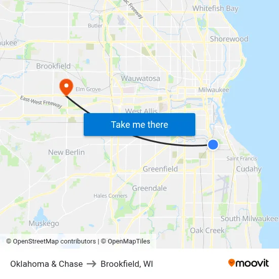 Oklahoma & Chase to Brookfield, WI map