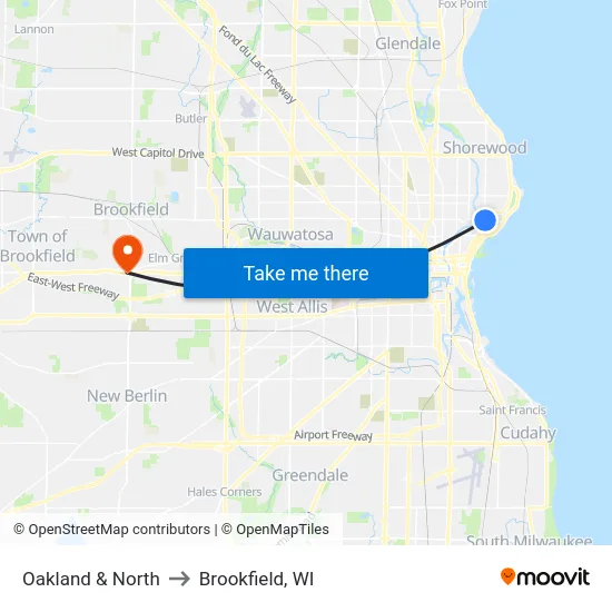 Oakland & North to Brookfield, WI map