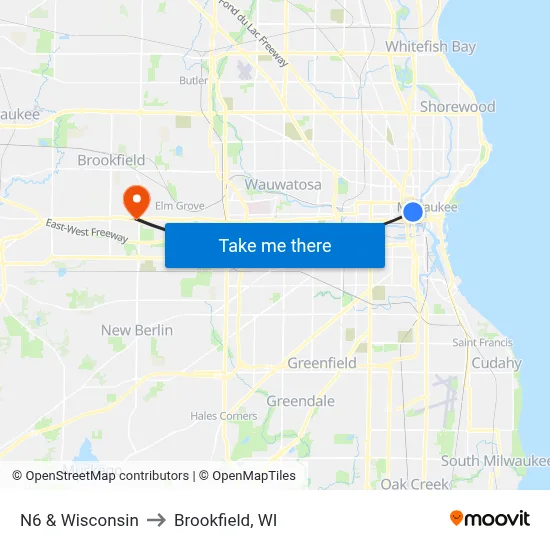 N6 & Wisconsin to Brookfield, WI map