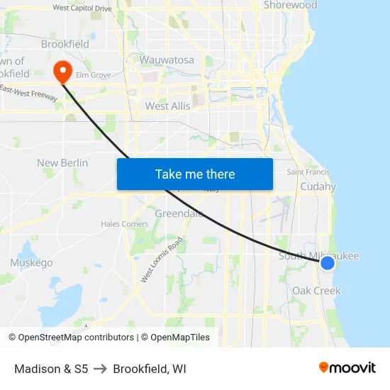 Madison & S5 to Brookfield, WI map