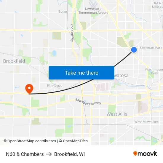 N60 & Chambers to Brookfield, WI map