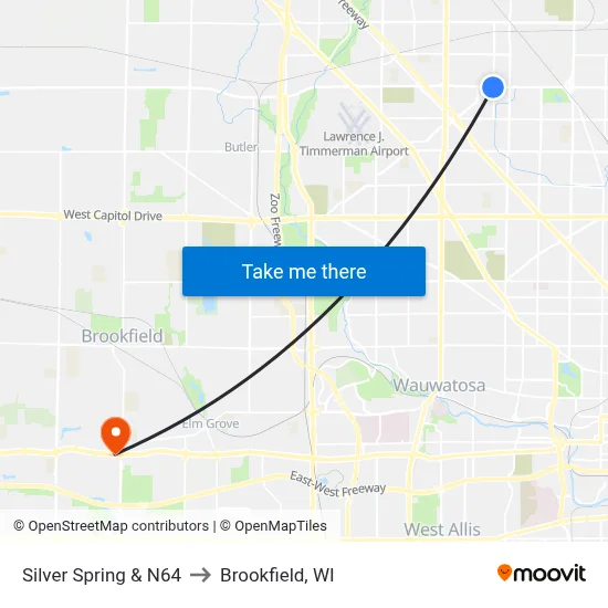 Silver Spring & N64 to Brookfield, WI map