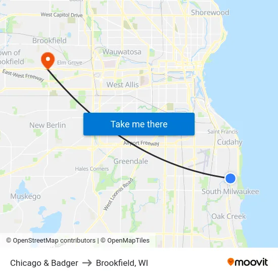 Chicago & Badger to Brookfield, WI map