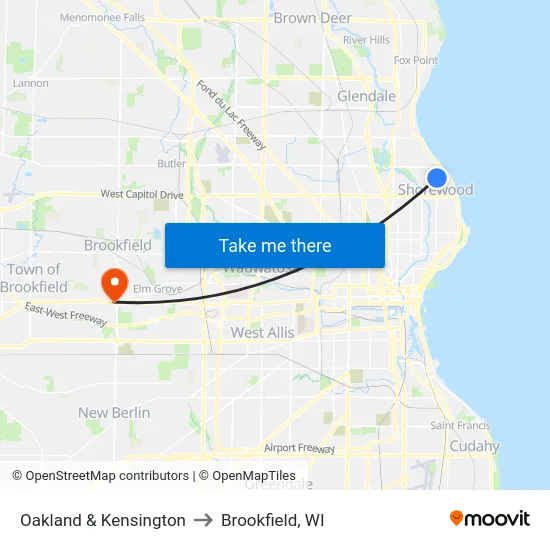 Oakland & Kensington to Brookfield, WI map