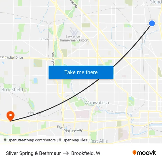 Silver Spring & Bethmaur to Brookfield, WI map