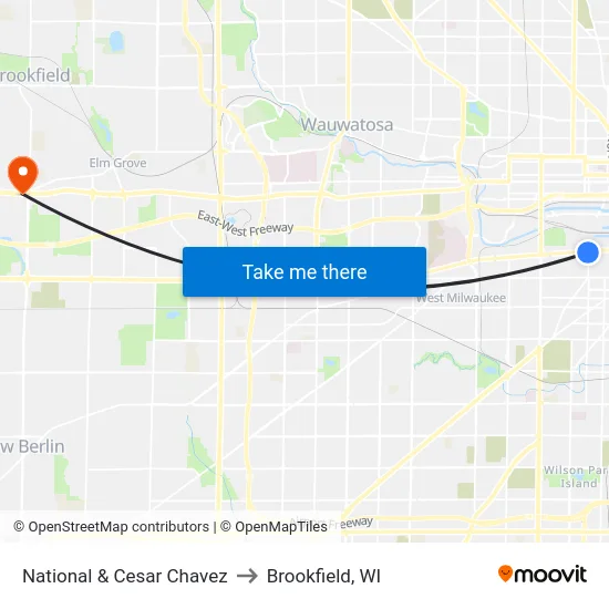 National & Cesar Chavez to Brookfield, WI map