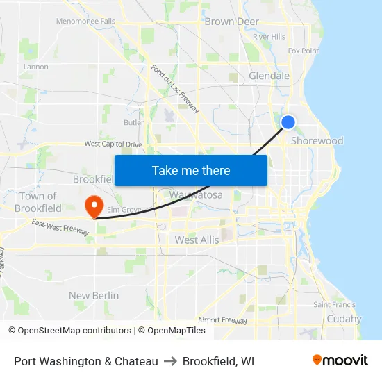Port Washington & Chateau to Brookfield, WI map