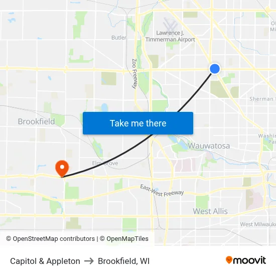 Capitol & Appleton to Brookfield, WI map