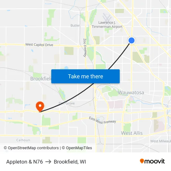Appleton & N76 to Brookfield, WI map