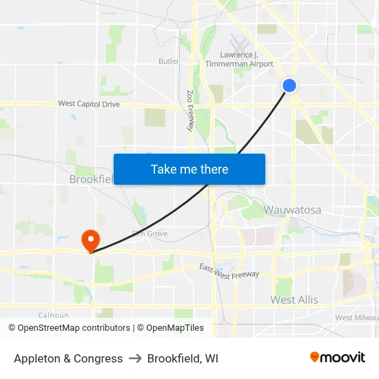 Appleton & Congress to Brookfield, WI map