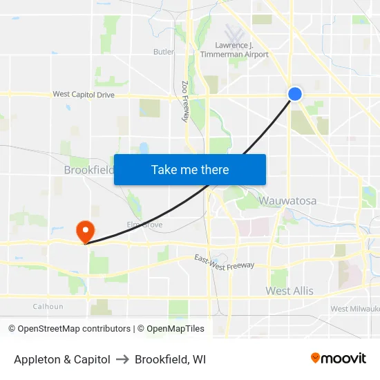 Appleton & Capitol to Brookfield, WI map