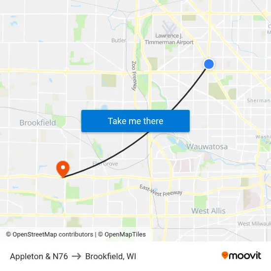 Appleton & N76 to Brookfield, WI map