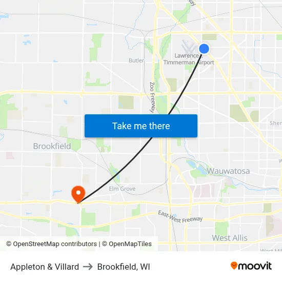Appleton & Villard to Brookfield, WI map