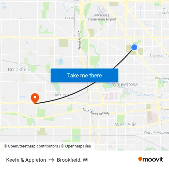 Keefe & Appleton to Brookfield, WI map