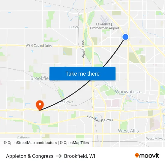 Appleton & Congress to Brookfield, WI map