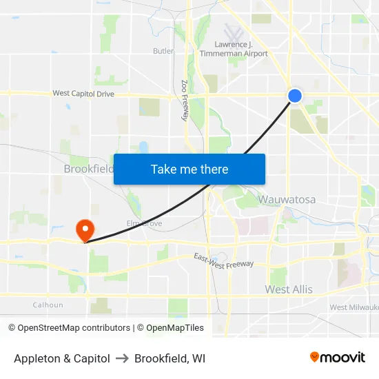 Appleton & Capitol to Brookfield, WI map