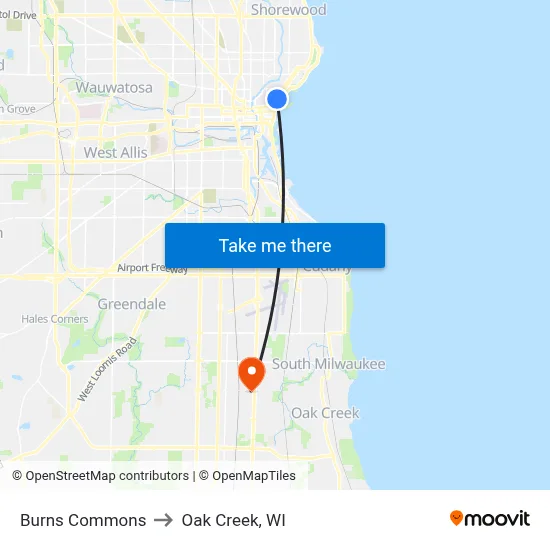 Burns Commons to Oak Creek, WI map