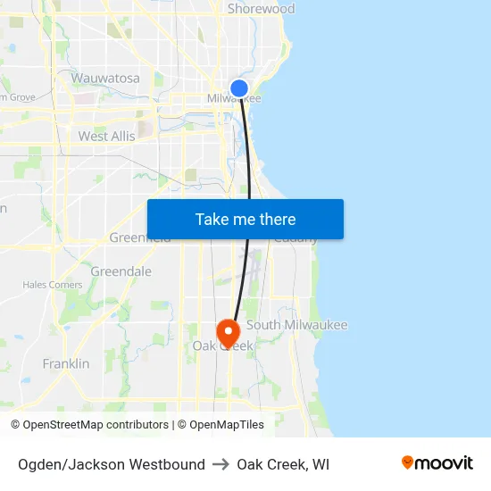 Ogden/Jackson Westbound to Oak Creek, WI map
