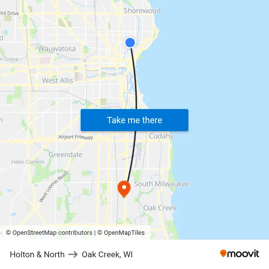 Holton & North to Oak Creek, WI map