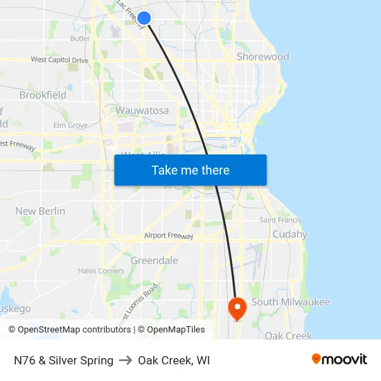 N76 & Silver Spring to Oak Creek, WI map