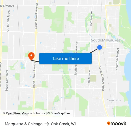 Marquette & Chicago to Oak Creek, WI map