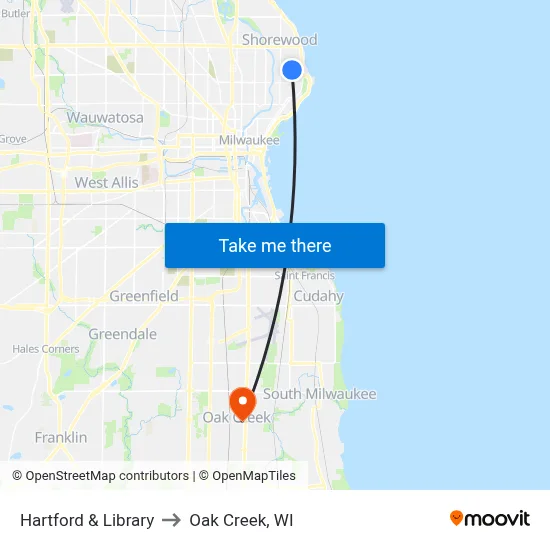 Hartford & Library to Oak Creek, WI map