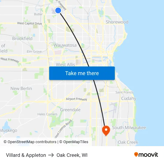 Villard & Appleton to Oak Creek, WI map
